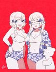  2girls ^_^ america_(hetalia) axis_powers_hetalia bear bikini blue_eyes canada_(hetalia) closed_eyes curly_hair dkdmis floral_print flower genderswap genderswap_(mtf) hair_flower hair_ornament hugging_another&#039;s_leg jacket jacket_over_swimsuit kumajirou_(hetalia) leaf_hair_ornament limited_palette matching_outfit medium_hair mismatched_bikini multiple_girls open_mouth polar_bear red_background short_hair siblings signature sisters smile star_(symbol) star_hair_ornament swimsuit twintails 