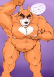 2022 anthro armpit_hair belly blush body_hair canid canine canis domestic_dog english_text hi_res hopelesshighschool humanoid_hands male mammal moobs navel nipples orange_body overweight overweight_male purple_background rorik_(the_human_heart) simple_background solo text the_human_heart_(game) video_games visual_novel 