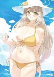  1girl bikini bikini_pull blue_archive blush breasts breasts_out clothes_pull green_eyes grey_hair grin halo hat heart heart-shaped_pupils lactation large_breasts looking_at_viewer mm_(yoromu) navel nonomi_(blue_archive) skindentation smile solo stomach sun_hat swimsuit symbol-shaped_pupils water yellow_bikini 