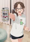  1girl beer_can black-framed_eyewear black_shorts blush brown_hair can closed_eyes curtains cushion glasses hand_up holding holding_can indoors long_hair mattaku_mousuke open_mouth original outstretched_arm ponytail scrunchie shirt short_shorts short_sleeves shorts smile solo standing t-shirt white_shirt 