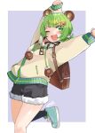  1girl animal_ears animare arms_up backpack bag bangs bear_ears black_legwear black_shorts blurry blush depth_of_field foot_out_of_frame green_eyes green_hair hair_ornament hairclip high_tops highres hinokuma_ran hood hooded_jacket jacket looking_at_viewer neck_ribbon one_eye_closed open_mouth ribbon shoes short_hair shorts signature sleeves_past_wrists smile sneakers solo virtual_youtuber zono_(inokura_syuzo029) 