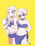  2girls adjusting_eyewear axis_powers_hetalia bikini bikini_skirt blonde_hair breasts choker cleavage dkdmis dot_mouth drawstring flower france_(hetalia) frilled_bikini frilled_swimsuit frills genderswap genderswap_(mtf) hair_bun hair_flower hair_ornament hat large_breasts long_hair looking_at_viewer multiple_girls parted_lips pelvic_curtain purple_bikini russia_(hetalia) smile sun_hat sunflower sunflower_hair_ornament sunglasses swimsuit yellow_background 