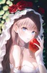  1girl apple bangs bare_shoulders blue_eyes blurry blurry_background blush breasts brown_hair cleavage collarbone dress flower food fruit funii hand_up highres holding holding_food holding_fruit large_breasts long_hair looking_at_viewer parted_lips plant red_flower red_rose rose smile snow_white solo white_dress 