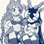  2girls animal_ears antelope_ears antelope_horns arm_behind_back armor bangs beads bikini_armor blackbuck_(kemono_friends) blush braid braided_ponytail breasts c: cape cleavage closed_mouth cosplay covering covering_breasts earrings embarrassed facial_mark forehead_mark hair_beads hair_ornament hair_over_one_eye hand_on_another&#039;s_shoulder hands_up highres horizontal_pupils horns inada_roku indian_rhinoceros_(kemono_friends) indian_rhinoceros_(kemono_friends)_(cosplay) jewelry kemono_friends kemono_friends_3 long_bangs long_braid long_hair looking_at_another medium_hair monochrome multicolored_hair multiple_girls navel neck_ring revealing_clothes rhinoceros_ears rhinoceros_girl shoulder_armor single_braid smile stomach sweat swept_bangs tail tan thighhighs two-tone_hair very_long_hair wavy_mouth 