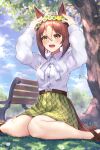  1girl animal_ears arms_up bangs bare_legs belt bench blush breasts brown_hair buttons cloud collared_shirt day feet_out_of_frame fine_motion_(umamusume) flower_wreath grass green_eyes green_skirt hair_between_eyes head_wreath highres horse_ears horse_girl horse_tail long_sleeves multicolored_hair open_mouth outdoors pleated_skirt shirt sitting skirt small_breasts smile solo tail trapiorra tree two-tone_hair umamusume wariza white_shirt 