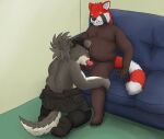  ailurid anthro balls belly canid canine canis domestic_dog duo erection fellatio furniture genitals hair lifewonders male male/male mammal nekotthebrave nude oral overweight penile penis ponytail pulling_hair red_panda scar sex shino_(housamo) sofa tokyo_afterschool_summoners touching_hair video_games 