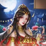  1girl architecture black_hair breasts building cai_lin_(doupo_cangqiong) cup doupo_cangqiong dress earrings east_asian_architecture fence flower highres jewelry lantern large_breasts long_hair moon mountain night night_sky pointy_ears red_dress sky solo wan_jing_he_luo water 
