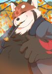  2022 ailurid anthro belly big_belly black_body black_fur clothed clothing eyes_closed fur hi_res humanoid_hands kemono male mammal overweight overweight_male plant red_panda shirokumaou smoking solo tree 