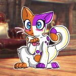  blue_eyes blush blush_lines calico_cat cally_(theenyface) capcom chair claws detailed_background dipstick_tail domestic_cat eyelashes felid feline felis felyne fur furniture hand_on_ground heart_pawpads lynian mammal markings monster_hunter mottled orange_body orange_fur palico pawpads piebald pink_pawpads purple_body purple_fur semi-anthro sitting tail_markings theenyface video_games whiskers white_body white_fur 