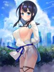  1girl arms_behind_back bangs bare_shoulders black_hair blue_eyes blue_ribbon blue_sky blush breasts collarbone detached_leggings dress fate/grand_order fate/requiem fate_(series) fundoshi japanese_clothes jewelry large_breasts long_sleeves looking_at_viewer magatama magatama_hair_ornament magatama_necklace medium_hair multicolored_hair necklace pan_korokorosuke pelvic_curtain pink_hair puffy_long_sleeves puffy_sleeves ribbon seigaiha short_dress sideboob sideless_outfit sidelocks sky solo streaked_hair thighs utsumi_erice white_dress white_legwear 
