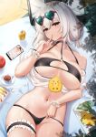  1girl apple azur_lane bangs bare_shoulders bikini bird black_bikini blush breasts cellphone chick cleavage collarbone cup cyicheng eyewear_on_head food fruit heart heart-shaped_eyewear index_finger_raised large_breasts looking_at_viewer lotion_bottle low_twintails lying magazine_(object) manjuu_(azur_lane) navel o-ring o-ring_top off_shoulder on_back parted_lips phone red_eyes scrunchie see-through shirt short_hair short_sleeves short_twintails sirius_(azur_lane) sirius_(scorching-hot_seirios)_(azur_lane) sunglasses swimsuit tea teacup tempura thigh_strap thighs twintails underboob white_hair white_shirt wrist_scrunchie 