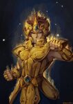  1boy absurdres armor brown_hair clenched_hand constellation full_armor glowing gold_armor gold_saint green_eyes helmet highres leo_aiolia looking_at_viewer makinoatorie male_focus night night_sky saint_seiya short_hair sky solo stance 