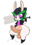  anthro balls big_balls big_penis blue_eyes boots bottomless clothed clothing erection fingerless_gloves footwear genitals gloves hair half-closed_eyes handwear hi_res holding_object holding_sword holding_weapon kingofacesx lagomorph leporid looking_at_viewer male mammal mario_plus_rabbids_sparks_of_hope melee_weapon multicolored_hair narrowed_eyes navel nintendo penis rabbid rabbit raving_rabbids rayman_(series) shirt smile solo sword topwear two_tone_hair ubisoft unnamed_rabbid_girl_(mpr:soh) vest video_games weapon 