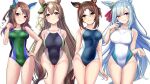  4girls animal_ears blue_hair blush breasts brown_hair collarbone commentary_request competition_swimsuit fine_motion_(umamusume) green_eyes hair_between_eyes hair_ornament herohero_(higashi_no_dou) highres horse_ears horse_tail king_halo_(umamusume) large_breasts long_hair medium_breasts medium_hair multiple_girls one-piece_swimsuit purple_eyes red_eyes satono_diamond_(umamusume) smile swimsuit tail umamusume white_background 