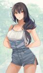  1girl alternate_hairstyle apron black_hair blush breasts casual collarbone dress hand_under_clothes highres kantai_collection kasumi_(skchkko) large_breasts long_hair looking_at_viewer low_tied_hair nagato_(kancolle) open_mouth outdoors red_eyes solo white_dress 