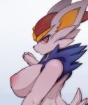  2022 anthro areola big_areola big_breasts big_nipples breasts cinderace darkluxia female fur lagomorph looking_at_viewer mammal nintendo nipples open_mouth pok&eacute;mon pok&eacute;mon_(species) red_eyes simple_background solo video_games white_body white_fur 