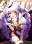  1girl absurdres animal_ears bangs black_gloves black_legwear black_leotard blue_hair blurry blurry_background blush braid breasts card carrot_hair_ornament casino casino_card_table commentary_request don-chan_(usada_pekora) finger_to_mouth food-themed_hair_ornament fur-trimmed_gloves fur_collar fur_trim gloves hair_ornament hair_ribbon head_tilt highres hololive indoors knee_up leaning_forward leonis_g leotard long_hair looking_at_viewer multicolored_hair open_mouth pantyhose partial_commentary playboy_bunny playing_card rabbit_ears rabbit_girl red_eyes ribbon small_breasts solo standing thick_eyebrows thigh_strap twin_braids twintails usada_pekora virtual_youtuber white_hair white_ribbon 