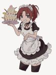  1girl apron bangs black_dress black_legwear brown_hair cake dress food frilled_dress frills hand_up hibike!_euphonium holding holding_plate kurokobokan layer_cake long_hair looking_at_viewer maid maid_apron maid_headdress nakagawa_natsuki neck_ribbon outstretched_arm parted_lips plate ponytail purple_eyes red_ribbon ribbon short_sleeves simple_background smile solo standing thighhighs white_apron white_background zettai_ryouiki 