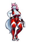  5_toes alien anthro athletic athletic_anthro barefoot blazbaros breasts canid canine canis clothed clothing feet female fenra_(riaden234) fully_clothed gun handgun hi_res humanoid_feet looking_at_viewer mammal muscular muscular_female plantigrade ranged_weapon revolver science_fiction solo thick_thighs tight_clothing toes weapon wolf 