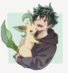  1boy black_hoodie boku_no_hero_academia border brown_eyes cropped_torso crossover freckles green_background green_eyes green_hair hand_on_another&#039;s_back highres hood hood_down hoodie hug ichiru_(ic_kloud) leafeon long_sleeves looking_at_another male_focus midoriya_izuku one_eye_closed open_mouth pokemon pokemon_(creature) polka_dot polka_dot_background short_hair simple_background smile upper_body white_border 