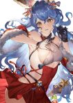  1girl absurdres animal_ears aochoku armpits black_gloves blue_eyes blue_hair blush bow breasts covered_navel dress ferry_(granblue_fantasy) gloves granblue_fantasy hair_bow hair_ribbon hand_in_own_hair highres long_hair looking_at_another parted_lips red_dress ribbon self_exposure small_breasts solo thighs very_long_hair white_background 