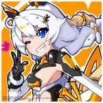  1girl ahoge armpit_peek bangs black_gloves black_leotard blush braid breasts clothing_cutout from_side gloves grin hair_between_eyes hair_ornament hairclip halftone hand_up honkai_(series) honkai_impact_3rd kiana_kaslana kiana_kaslana_(knight_moonbeam) leotard light_brown_hair long_hair long_sleeves looking_at_viewer looking_to_the_side low_twintails mechanical_wings multicolored_hair multicolored_leotard one_eye_closed open_mouth orange_background purple_eyes revealing_clothes sideboob sideboob_cutout sidelocks small_breasts smile solo split_mouth stomach_cutout thick_eyebrows twin_braids twintails vistahero w white_hair white_leotard wings 