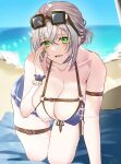 1girl absurdres arm_strap arm_support bangs beach beach_towel bikini bikini_skirt black-framed_eyewear blue_bikini blue_sky blurry blurry_background breasts cleavage commentary_request day eyewear_on_head frilled_cuffs green_eyes grey_eyes highres hololive horizon kneeling large_breasts leaning_forward leonis_g looking_at_viewer ocean open_mouth outdoors rectangular_eyewear shirogane_noel short_hair skindentation sky smile solo sunglasses sweat swimsuit thigh_strap towel virtual_youtuber whispering 