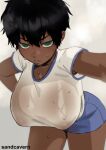  1girl armpit_peek artist_name bangs black_hair blue_shorts blurry blush breasts bright_pupils cleavage collarbone commentary covered_nipples cowboy_shot dark-skinned_female dark_skin depth_of_field english_commentary green_eyes hair_between_eyes hand_on_hip hanging_breasts huge_breasts looking_at_viewer messy_hair nipples original parted_lips ringed_eyes sandcasks see-through see-through_shirt shirt short_hair short_shorts short_sleeves shorts simple_background solo steam sweat teeth tsurime wet wet_clothes wet_shirt white_background white_shirt 