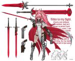  1girl absurdres armor artist_name breasts commission english_text full_body gun high_heels highres holding holding_gun holding_sword holding_weapon holster leg_tattoo less long_hair looking_at_viewer medium_breasts no_panties original pink_eyes pink_hair pointy_ears polearm ponytail revolver simple_background smile solo spear standing sword tattoo thigh_strap watermark weapon white_background 