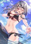  1girl absurdres armpits bangs bikini black_hair blush breasts chierishu fang hair_ornament highres hololive large_breasts looking_at_viewer multicolored_hair navel one_eye_closed red_eyes sakamata_chloe solo streaked_hair swimsuit virtual_youtuber x_hair_ornament 