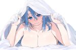  1girl aochoku bangs blanket blue_eyes blue_hair breasts cleavage closed_mouth collarbone hair_between_eyes large_breasts lifting_covers long_hair looking_at_viewer lying nude on_stomach original sidelocks smile solo under_covers 