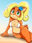  activision anthro bikini blonde_hair breasts clothing coco_bandicoot crash_bandicoot_(series) female flower fur gabogabo green_eyes hair hi_res long_hair plant ponytail smile solo swimwear thick_thighs video_games white_bikini white_clothing white_swimwear wide_hips 