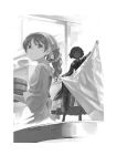  2girls apron bandana cooking folding from_behind greyscale hakurei_reimu japanese_clothes kimono kitchen monochrome multiple_girls on_table ponytail short_hair sukuna_shinmyoumaru table touhou yamamomo_(plank) 