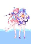  2girls :d absurdres anklet bangs beach_umbrella bikini blue_eyes blue_hair bowl closed_eyes closed_mouth error flip-flops food full_body grin hair_bun hair_ornament highres holding holding_bowl holding_umbrella honkai_(series) honkai_impact_3rd ice_cream jewelry liliya_olenyeva multiple_girls navel pink_hair rozaliya_olenyeva sandals see-through see-through_shirt shirt siblings sleeveless sleeveless_shirt smile standing starfish_hair_ornament summer_uniform swimsuit teeth toes twins twintails umbrella wrong_feet yu_xiu 