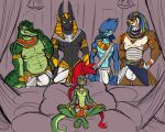  abs ancient_egypt anthro anubian_jackal anubis ash_(g-h-) avian barefoot beak bed bedroom_eyes bird black_body black_fur blue_body blue_feathers bottomwear bracelet braided_hair brown_body brown_feathers bulge canid canine canis casting_couch cheek_tuft clothing crocodile crocodilian crocodylid crossed_legs deity egyptian egyptian_clothing egyptian_headdress egyptian_mythology eyelashes facial_tuft falcon falconid feathers feet fur furniture gecko ghastlygh girly gold_(metal) gold_anklet gold_armlet gold_bracelet gold_jewelry green_body green_scales group hair half-closed_eyes hand_wraps horus humor inviting jackal jewelry lizard loincloth looking_at_viewer male mammal meme middle_eastern_mythology mohawk muscle_tone musclegut muscular muscular_anthro muscular_male mythology narrowed_eyes nile_crocodile on_bed pecs ra red_hair reptile scales scalie seductive sharp_teeth sitting sitting_on_bed smile smirk smug smug_face smug_grin sobek sofa teeth tuft wraps yellow_sclera 