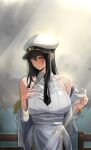  1girl absurdres amphitrite_(last_origin) black_hair black_necktie blush breasts collarbone collared_shirt hat highres jacket jacket_partially_removed large_breasts last_origin looking_away looking_down necktie peaked_cap red_eyes rhlatm shirt skirt sleeveless sleeveless_shirt solo straight_hair sweatdrop uniform upper_body white_background white_jacket white_skirt 