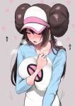  1girl arm_between_breasts between_breasts blush breasts breath brown_hair closed_eyes collarbone double_bun full-face_blush hair_bun heart highres keiichi_r18 large_breasts motion_lines pokemon pokemon_(game) pokemon_bw2 raglan_sleeves rosa_(pokemon) simple_background solo sweatdrop twintails upper_body 