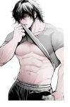  1boy abs absurdres artist_name bara biceps black_hair bottle clothes_lift highres kengan_(series) kengan_ashura kyowo_sukkesuke large_pectorals looking_at_viewer male_focus male_underwear male_underwear_peek manly mature_male muscular muscular_male navel nipples one_eye_covered pants pectorals shirt shirt_lift short_hair signature simple_background solo sweat sweatdrop teeth tight tokita_ouma underwear upper_body veins veiny_arms water_bottle 