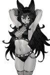  1girl animal_ears armpits arms_up bangs blush breasts cerberus_(houtengeki) chain cleavage cowboy_shot fishnet_legwear fishnets greyscale highres houtengeki long_hair looking_at_viewer medium_breasts monochrome navel open_mouth original thighhighs thighs white_background 