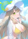 1girl :d absurdres bangs bikini blue_archive blue_sky blush breasts brown_hair character_request cleavage day finger_to_own_chin flower from_side front-tie_bikini front-tie_top green_eyes halo hat hat_flower highres konatsu_hare large_breasts leaning_forward long_hair long_sleeves looking_at_viewer looking_to_the_side mole mole_on_breast outdoors parted_lips ribbon see-through sky smile solo sun_hat swimsuit twitter_username very_long_hair white_headwear yellow_bikini yellow_flower yellow_ribbon 