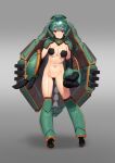  1girl aqua_hair armored_boots bangs beeeeen bodysuit boots breasts cleavage closed_mouth full_body gradient gradient_background green_footwear grey_background helmet highres knee_boots large_breasts long_hair looking_at_viewer mecha_musume navel original red_eyes see-through see-through_bodysuit smile solo standing v-shaped_eyebrows 