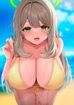  1girl ayomo_ro bangs bikini blonde_hair blue_archive blush breasts cleavage collarbone green_eyes halo highres huge_breasts long_hair looking_at_viewer nonomi_(blue_archive) open_mouth smile solo swimsuit wet yellow_bikini 