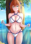  1girl absurdres against_tree ass_visible_through_thighs beach bikini blue_bow blue_ribbon blurry blush bokeh bow breasts brown_hair cleavage depth_of_field girls&#039;_frontline gotoo green_eyes groin hair_bow highres large_breasts long_hair looking_at_viewer navel ribbon sand sarong smile solo springfield_(girls&#039;_frontline) swimsuit thighs tree water white_bikini 