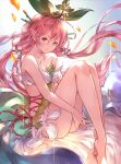  1girl bangs bare_legs bare_shoulders barefoot breasts brown_eyes cleavage closed_mouth collarbone dress granblue_fantasy hair_between_eyes hair_ornament large_breasts leaf long_hair looking_at_viewer low_twintails monster_girl non-web_source official_art petals pink_hair plant_girl pointy_ears sitting sleeveless solo source_request strapless strapless_dress twintails yggdrasil_(granblue_fantasy) 