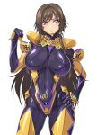  1girl ass_visible_through_thighs black_bodysuit bodysuit breasts brown_hair covered_navel fortified_suit hand_on_hip highres impossible_bodysuit impossible_clothes large_breasts long_hair looking_at_viewer muvluv muvluv_alternative muvluv_total_eclipse ozaneko pilot_suit purple_eyes shiny shiny_clothes shiny_hair simple_background skin_tight solo standing takamura_yui white_background 