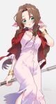  1girl aerith_gainsborough blush bolo_tie bracelet braid braided_ponytail brown_hair chiba_sadoru cropped_jacket dress final_fantasy final_fantasy_vii final_fantasy_vii_remake green_eyes highres jacket jewelry light_blush long_dress open_mouth pink_dress red_jacket solo staff 