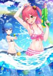  2girls absurdres ahoge arm_up armpits bare_shoulders bell bikini blue_eyes blue_hair blue_sky blush breasts choker cleavage cloud cloudy_sky collarbone day fish frilled_bikini frills green_eyes hair_ornament hairclip highres hololive hoshimachi_suisei in_water light_rays long_hair multiple_girls navel ocean open_mouth outdoors pink_hair plaid plaid_bikini sakura_miko side_ponytail sky small_breasts standing summer sunbeam sunlight swimsuit toketa_(toketa15) water_drop water_gun wet 