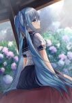  1girl absurdres bangs bench blue_eyes blue_flower blue_hair blue_skirt canopy_(shelter) ccharles801 closed_mouth cloud cloudy_sky commentary_request eyebrows_behind_hair flower from_behind from_side grey_sky hair_ornament hair_ribbon hatsune_miku head_tilt highres light_particles light_rays long_hair looking_at_viewer on_bench outdoors pink_flower puffy_sleeves purple_flower rain ribbon school_uniform serafuku shelter shirt short_sleeves sidelocks sitting skirt sky smile solo sun sunlight thighs twintails vegetation very_long_hair vocaloid water_drop wet wet_clothes wet_face white_shirt 