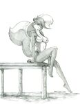  2022 anthro baron_engel bikini breasts clothing feet female fluffy fluffy_tail fur graphite_(artwork) greyscale hi_res looking_at_viewer mammal mephitid monochrome navel pencil_(artwork) pier plantigrade rosemary_parker_(character) side-tie_bikini sitting skunk solo swimwear traditional_media_(artwork) 