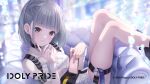  1girl bangs cellphone couch grey_hair guest_art highres idoly_pride jimmy_madomagi kana_(idoly_pride) long_hair looking_at_viewer official_art phone purple_eyes short_hair smartphone smile solo strap 